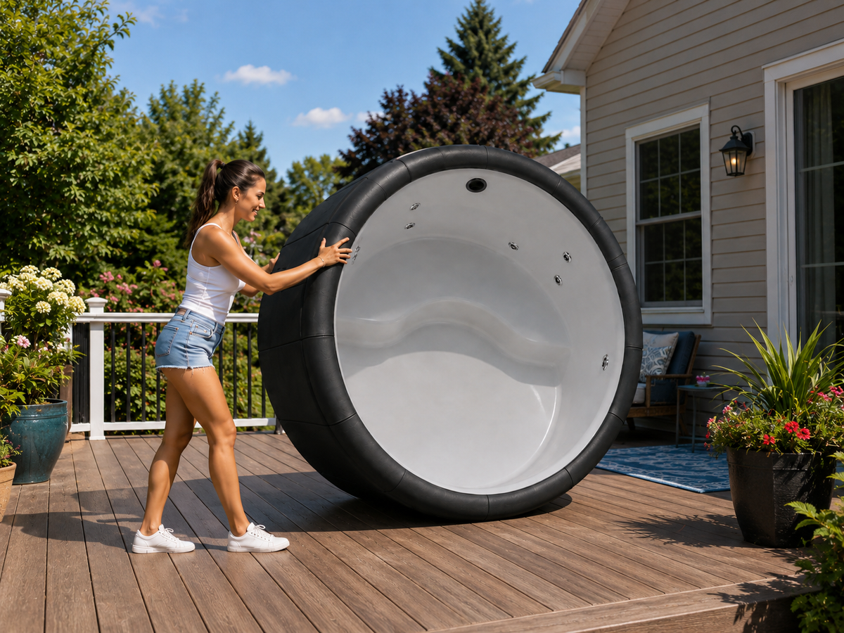 Woman rolling a Serenova spa on a wooden deck.