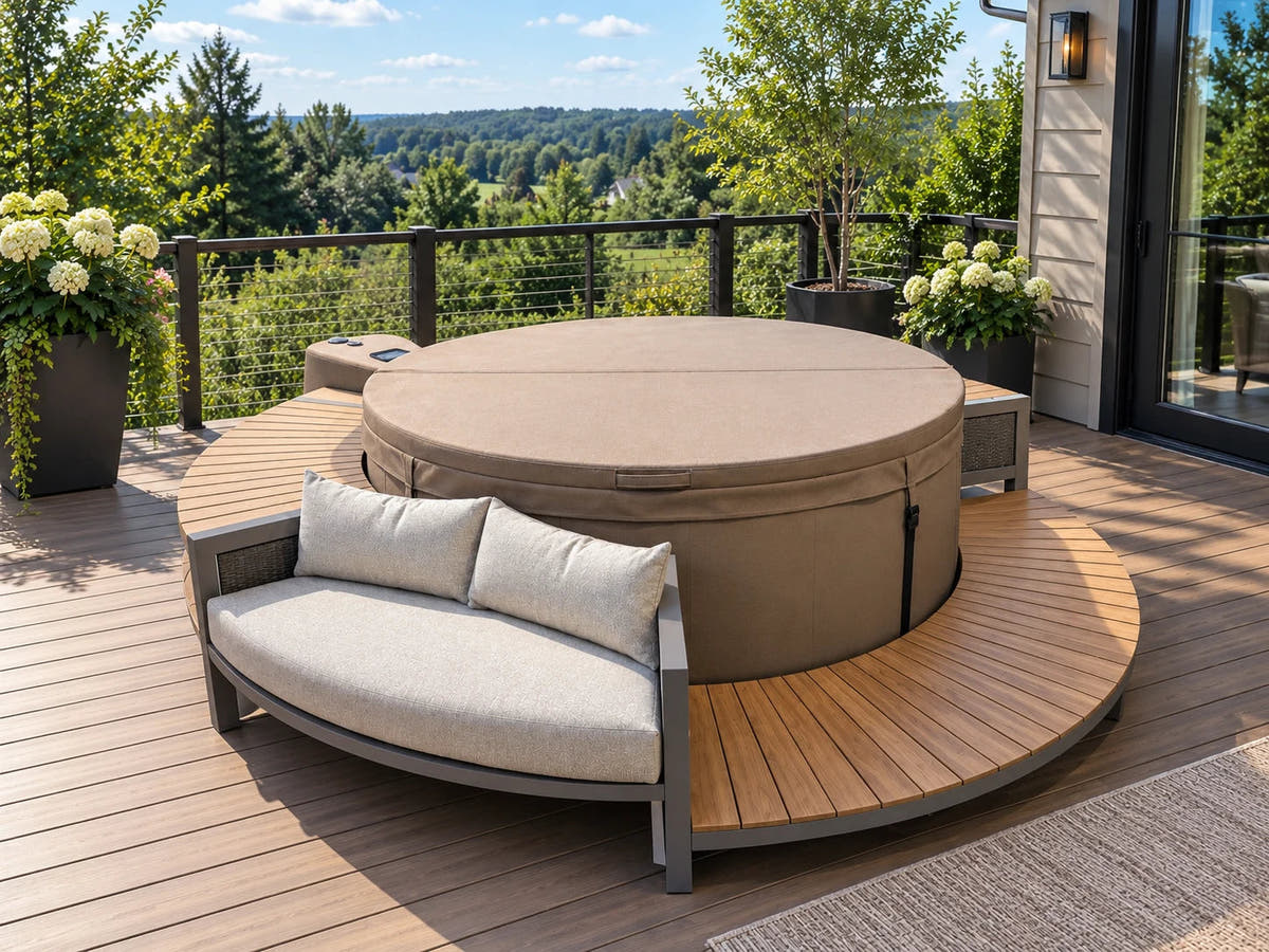 Hampton surround with cushioned seating around a covered spa on a sunny deck.