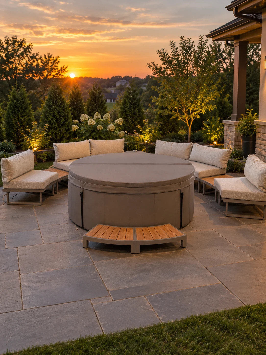 Laguna lounge seating and entry step around a covered spa on a patio at sunset.