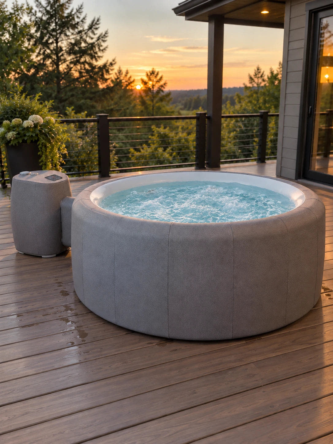 Open grey Royal spa on a wooden deck at sunset.