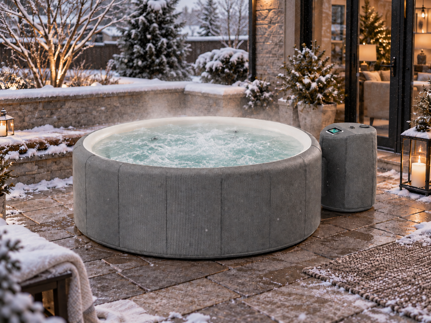 Steaming Serenova spa on a snow-covered patio beside a warmly lit home.