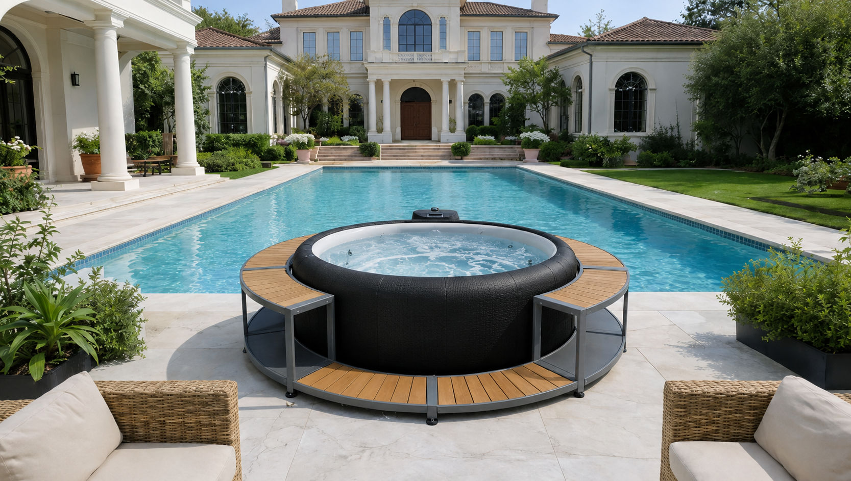 Black Serenova spa with a wood-look surround beside a villa swimming pool.