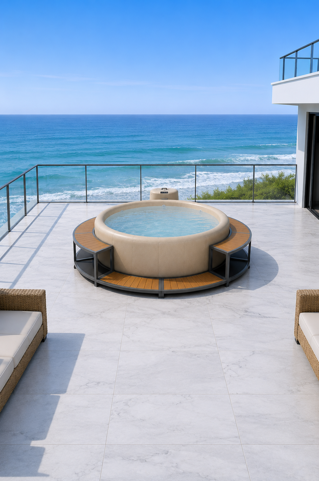 Serenova spa with a curved surround on an oceanfront terrace.